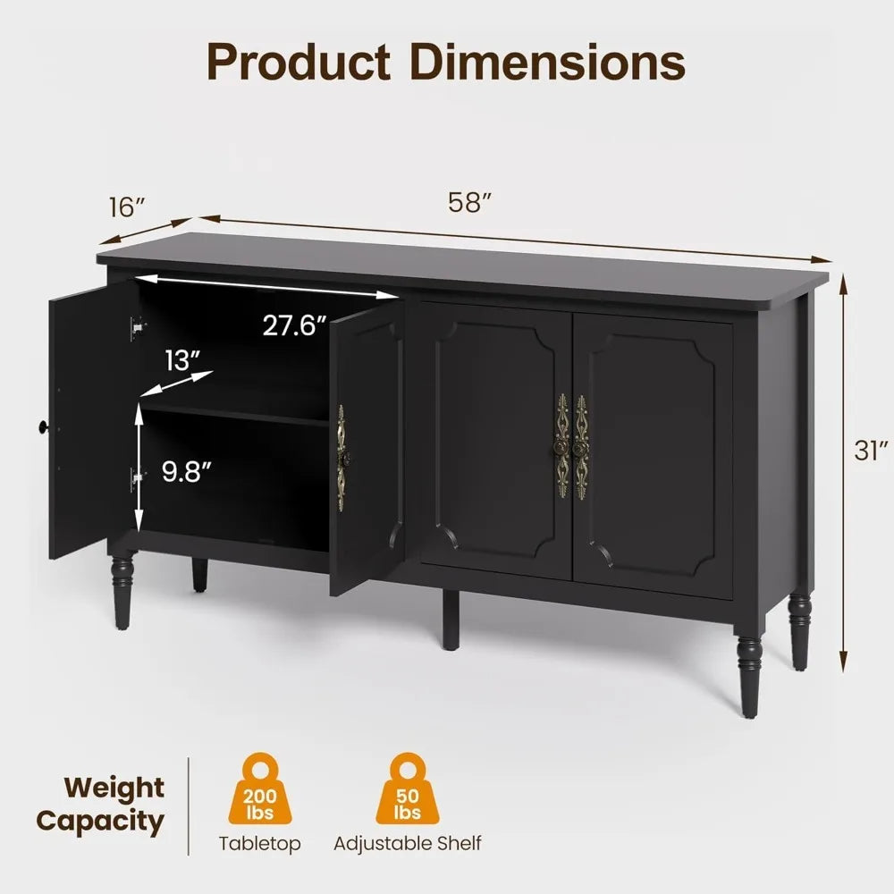Large Sideboard with Storage, 58 Inch Modern Sideboard Buffet Table Coffee Bar Bar Storage Cabinet with Artistic Carved Handles