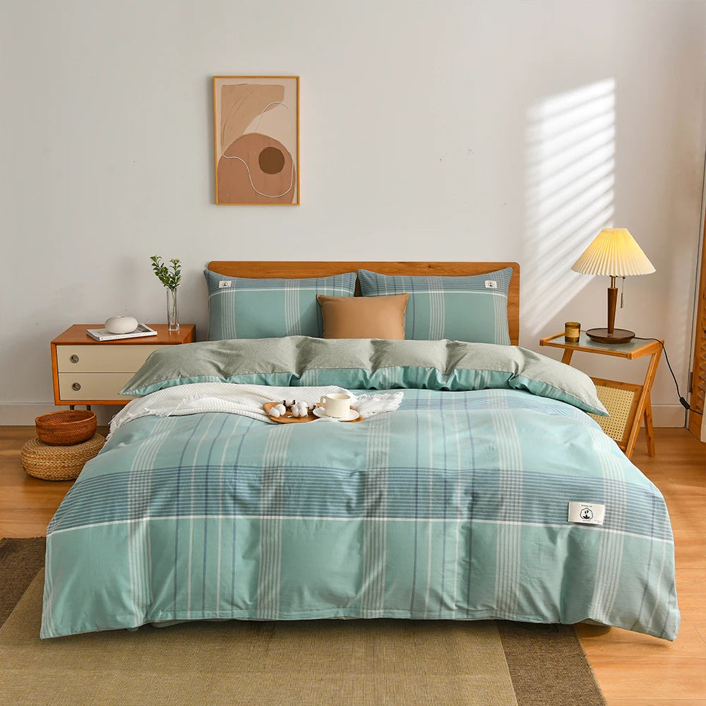 Cotton Duvet Cover Set – Japanese Grid Style (King Size, 220×240)