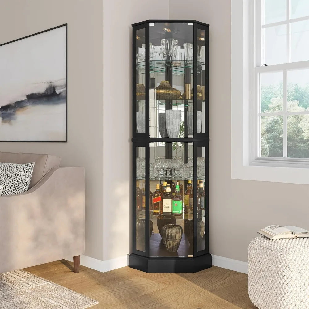 Illuminated 3-Sided Glass Display Cabinet – Curved Wood Corners with Tempered Shelves