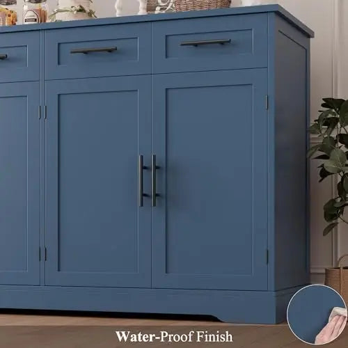 60' Modern Buffet Sideboard with 4 Drawers, Gold Handles, Blue Kitchen Cabinet