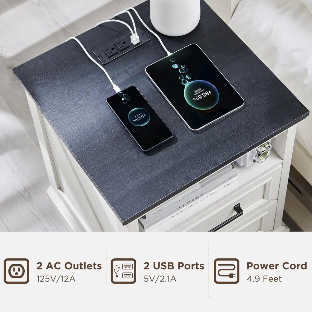Farmhouse Nightstand with Charging Station, 2 Drawers Storage, Side Table for Bedroom Living Room in White