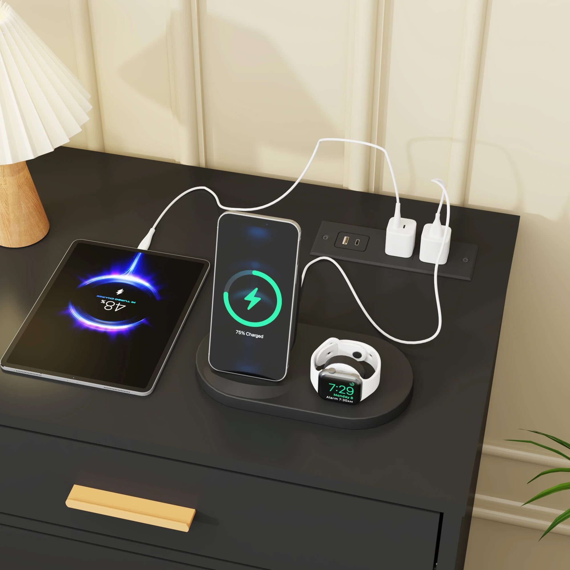 63'' Modern Chest of Drawers with Power Outlets & LED Lights, 12 Drawer Dresser for Bedroom, Wood Dresser for Living Room