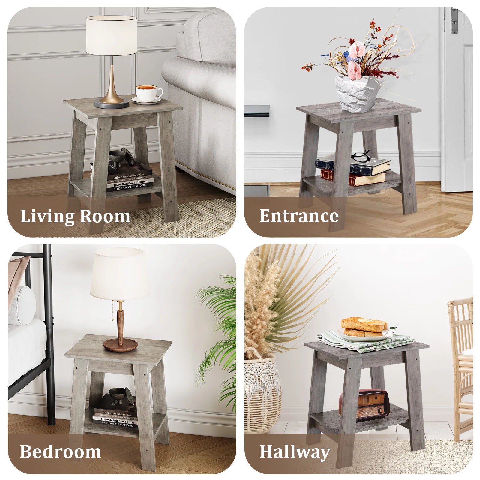 End Table, Wooden Side Table, Small Minimalist Bedside Table, Night Stand with 2-Tier Storage Shelf, Sofa Table for Small Space,