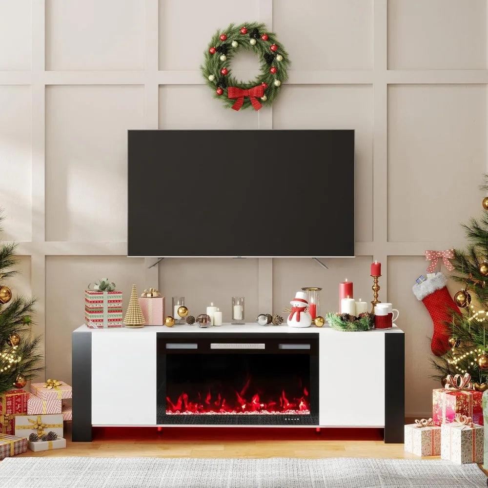 70" U-Shaped Leg TV Stand with 36" Electric Fireplace, High Gloss Finish Entertainment Center for TVs Up to 80", TV C