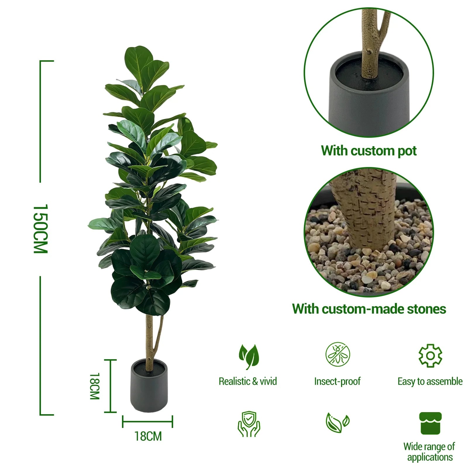 150cm Artificial Fiddle Leaf Fig Tree with Grey Planter Faux Floor Plant Indoor and Outdoor Fake Plant Tree Home Office Decor