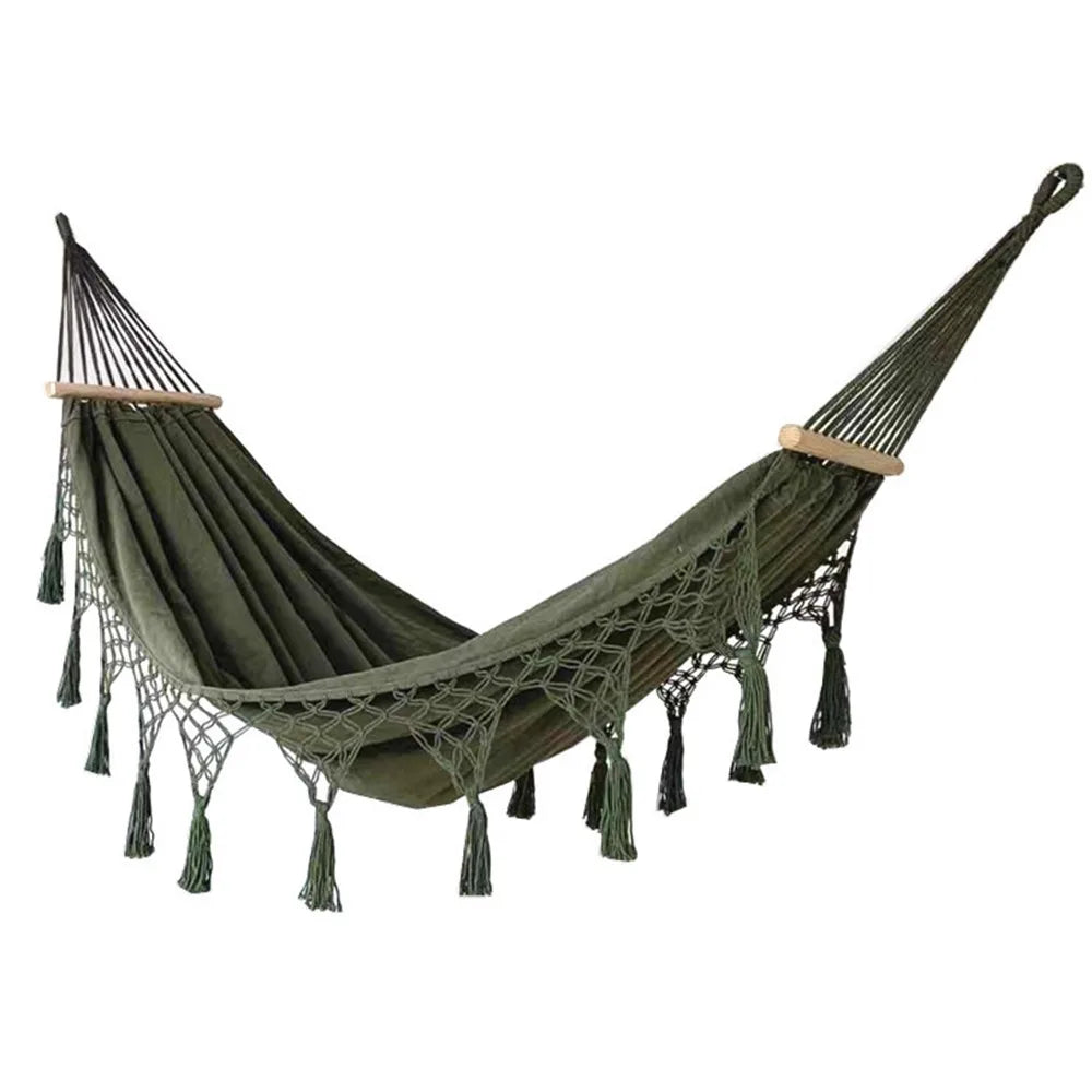 Large Double Deluxe Hammock with Woven Tassels Hanging Bed 2 Person Hammock Thickened Boho Style Canvas Swing Chair Home