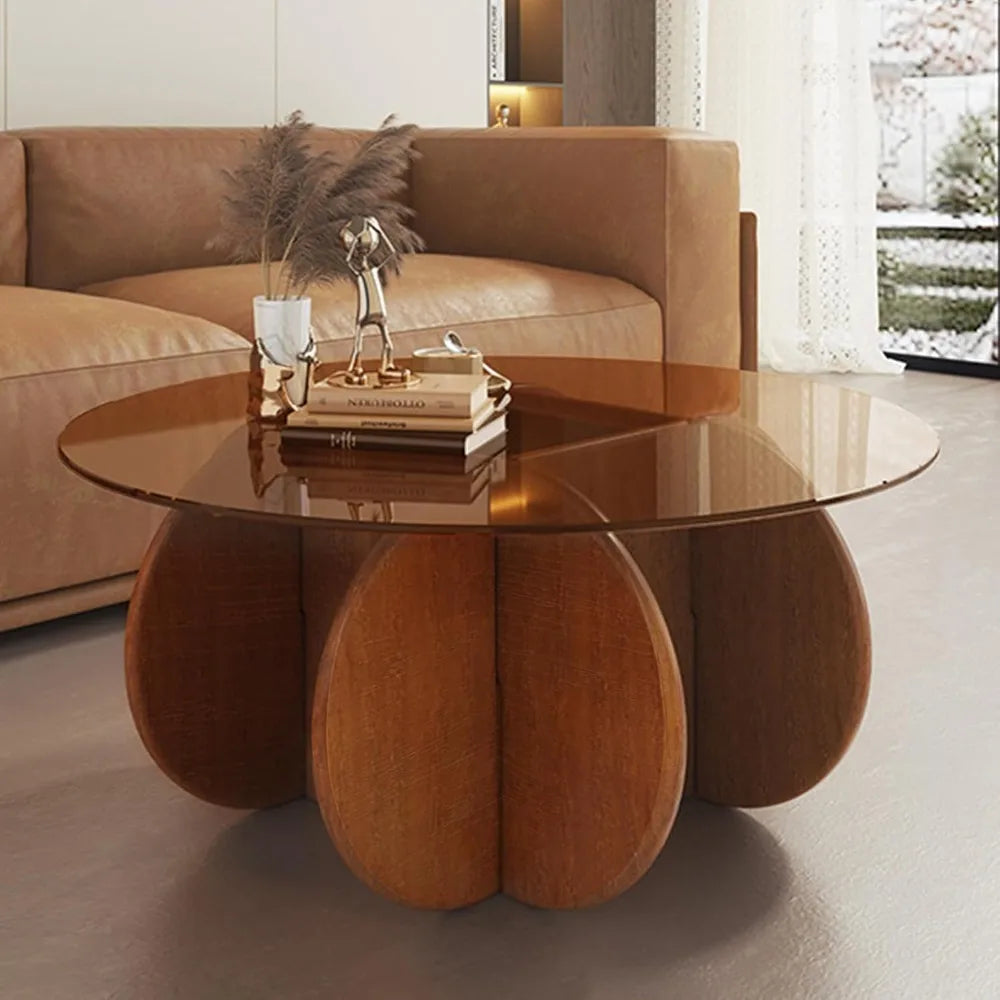 Modern Round Coffee Table with Solid Wood Legs, 31.5'' Glass Coffee Tables for Living Room Rustic Circle Center Cocktail Table
