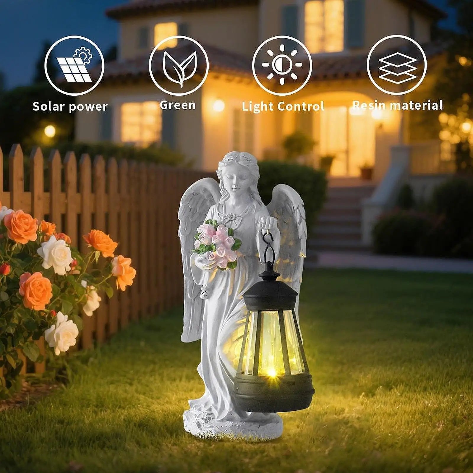 Angel Figurine with Solar Powered Light 14x7x23cm for Front Yard Patio