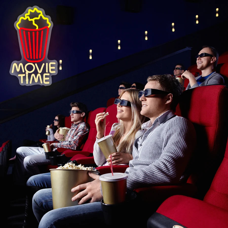 Movie Time Neon Sign Popcorn Cinema LED Light USB Powered Neon for Wall Decor Film Cinema Room Party Man Cave