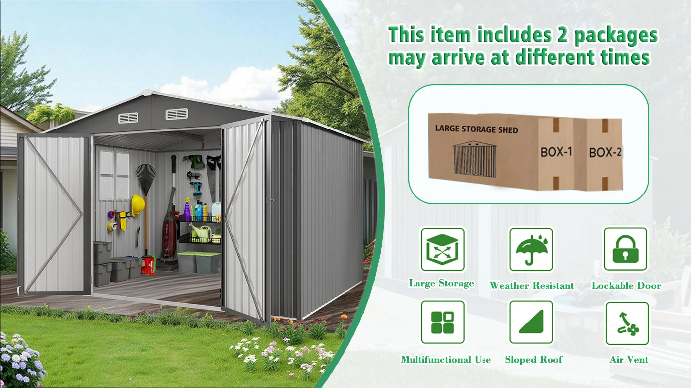 SUSUA10x12FT Outdoor Storage Shed  Metal Garden Shed with Double Door Two Window Waterproof Tool Shed for Backyard Patio Lawn
