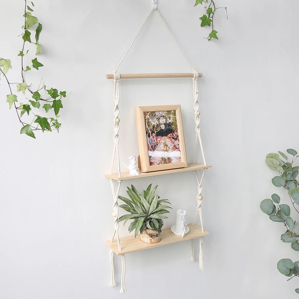 Wooden Wall Shelf Macrame Display Stand Boho Art Home Decoration Floating Shelf Nordic Wall Decor Living Room Nursery Aesthetics