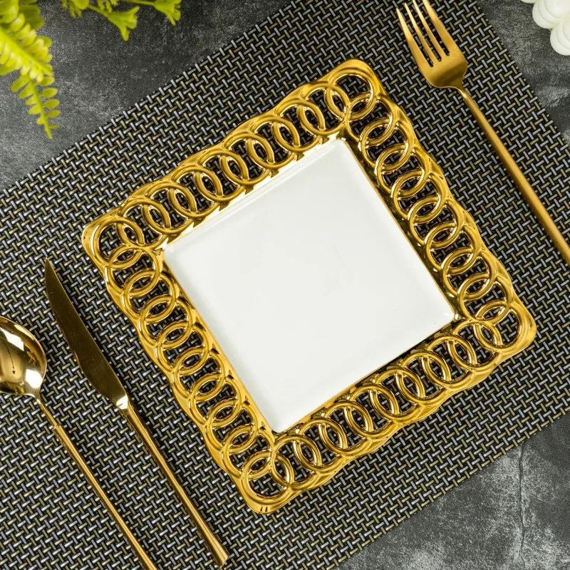Gold-Plated Hollow-Out Ceramic Serving Plate – Decorative Steak, Dessert & Salad Plate