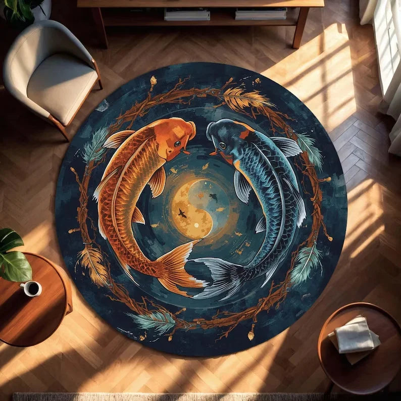 Koi Fish Round Rug with Lotus Flowers Zen Inspired Japanese Carpet Tranquil Bohemian Round Area Rug Living Room or Meditation