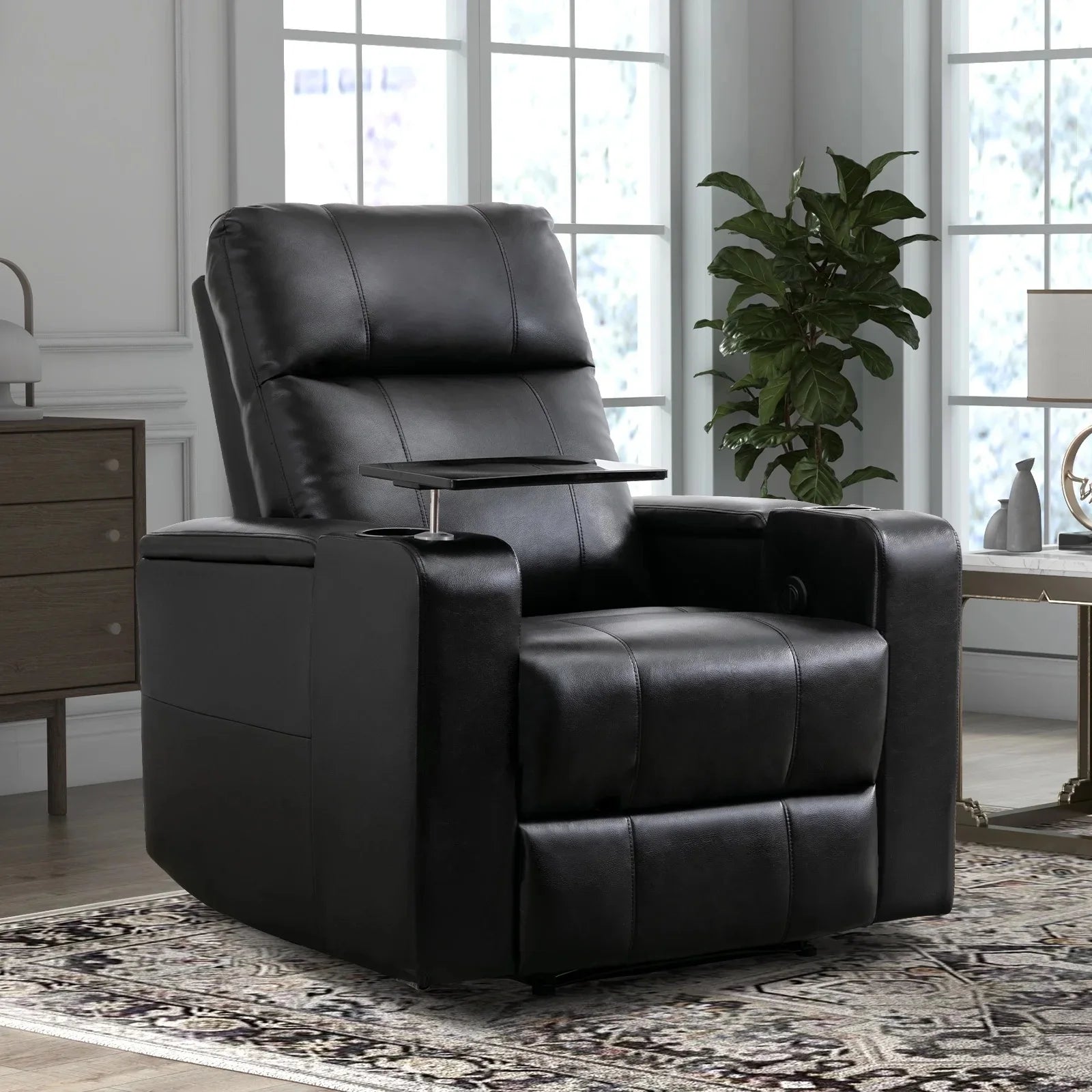 EBELLO Electric Recliner for Living Room Home Theater Seating Leather Reclining Chair Sofa Furniture with Cup Holders USB Ports