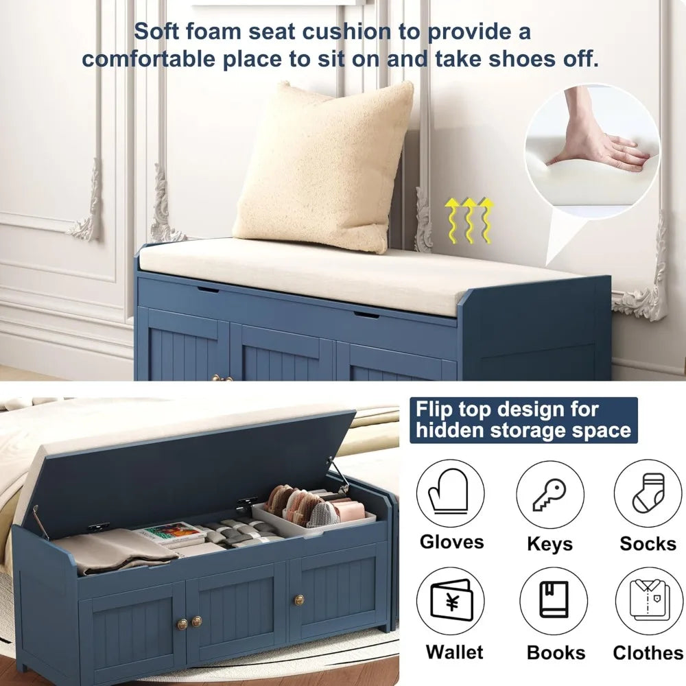 Shoe Storage Bench with Cushioned Seat – Wooden Entryway Cabinet