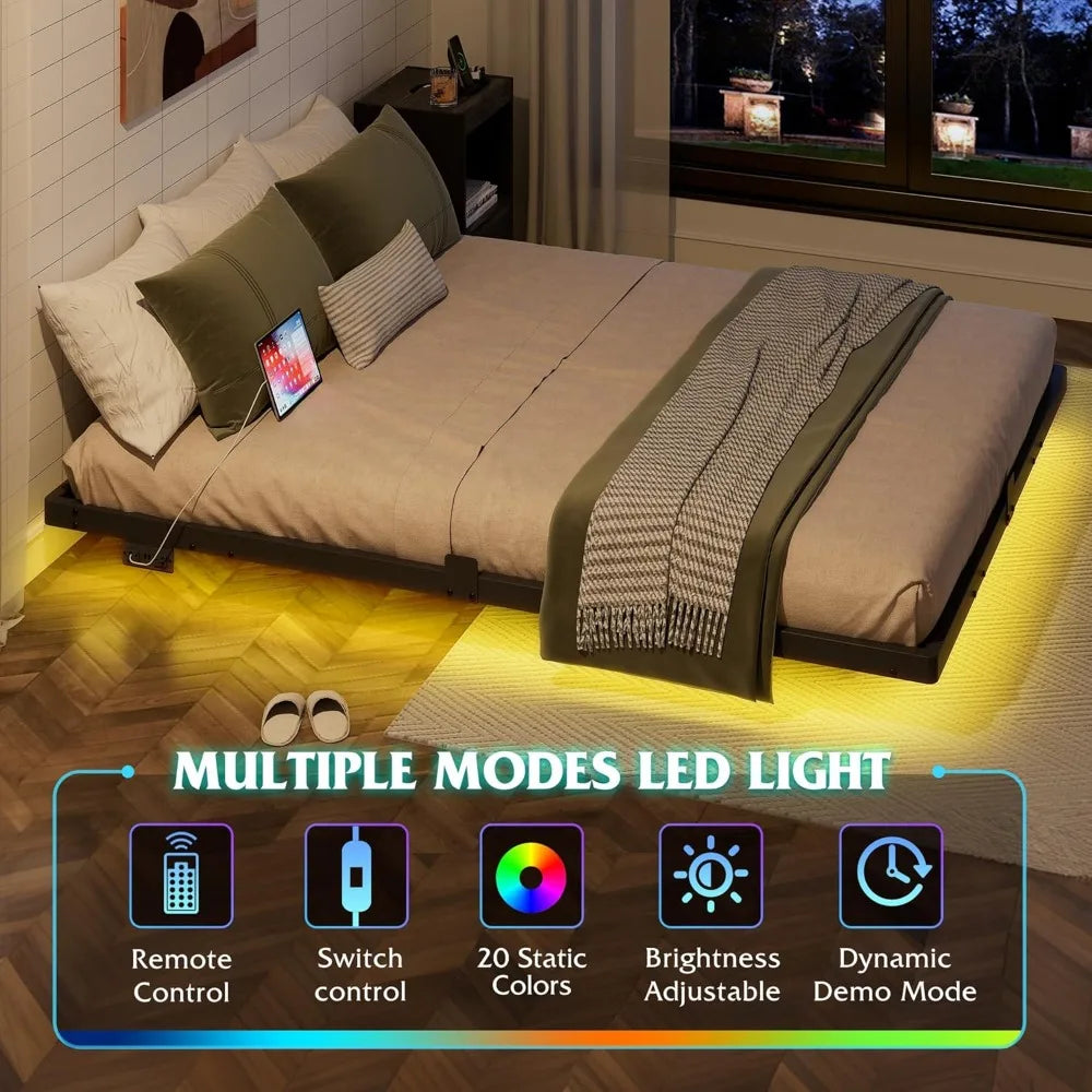 Queen Size LED Metal Bed Frame with Charging Station & Heavy-Duty Steel Slats