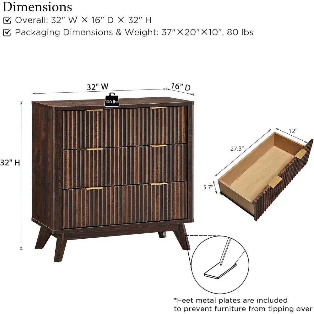 32" tall fluted nightstand, modern side table, 3 drawers end table w/storage, bedside table for bedroom, living room, curved pr