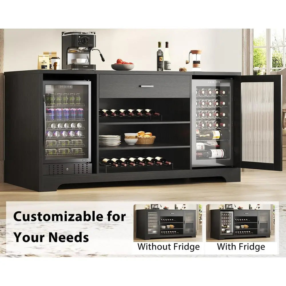 Long Bar Cabinet with Fridge Space – Modern Wood Coffee, Wine & Liquor Sideboard