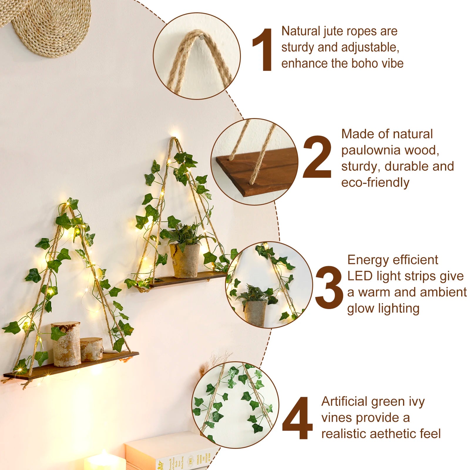 Floating Wall Shelf with Artificial Ivy LED Strip – Boho Style