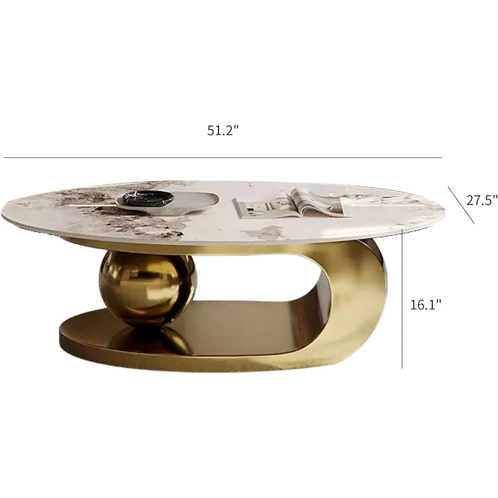 Oval Marble Coffee Table – 51.2” Modern Industrial Center Table with Gold Base