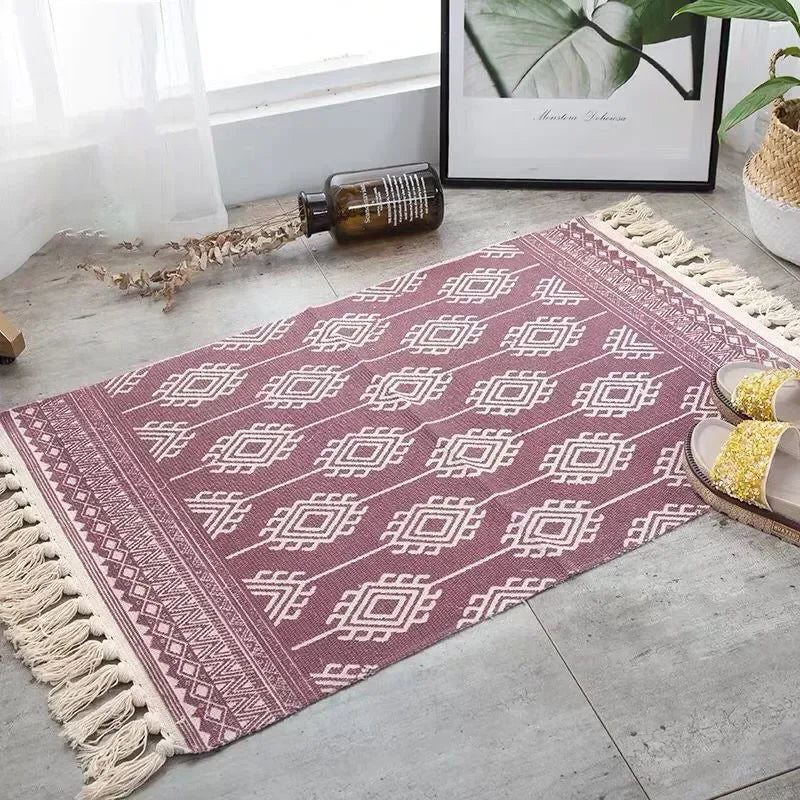 60*90CM Living Rooms Bedrooms Home Decor Retro Bohemian Hand Woven Cotton Linen Carpets Tassel Bedside Rug Geometric Floor Mat