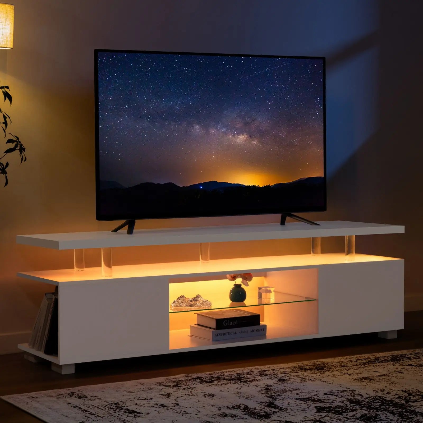 LED TV Stand White Entertainment Center, Gaming Center for 60 65inch TV with Storage, TV Stands for Gaming Living