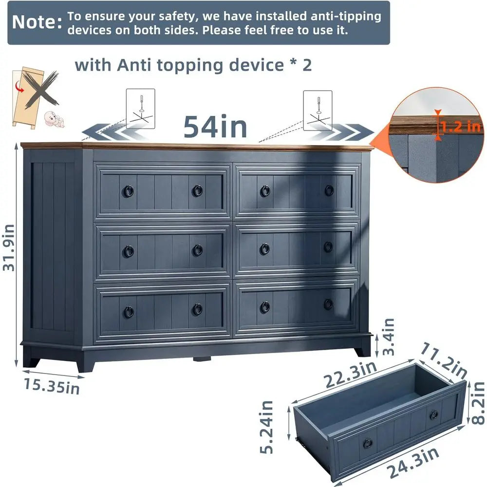 Farmhouse Style 54 Wide 6-Drawer Wood Dresser, Vintage Navy Blue Storage Chest for Bedroom, Living Room, and Hallway