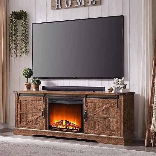 Fireplace TV Stand for 70 75 Inch TV, 66 Inch Farmhouse Entertainment Center with 23" Electric Fireplace, Remote Control, Large