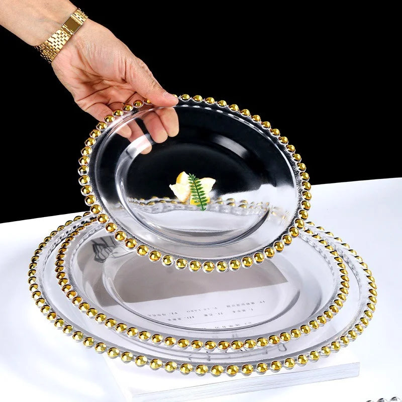 Golden Beaded Round Glass Plate – Transparent Dessert & Fruit Display Tray