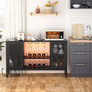Industrial Wine Bar Cabinet with Power Outlets & LED Lights – Adjustable Wine Rack Coffee Station
