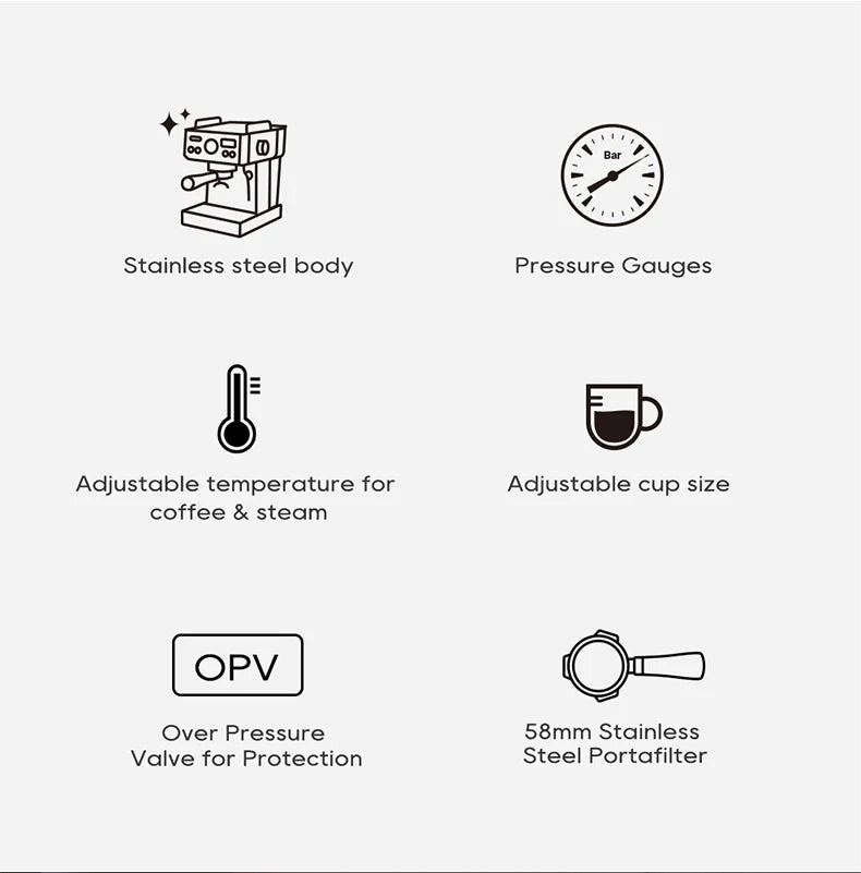 20-Bar Semi-Automatic Espresso Coffee Machine – Adjustable Temperature, 58mm Portafilter (Metal Case)