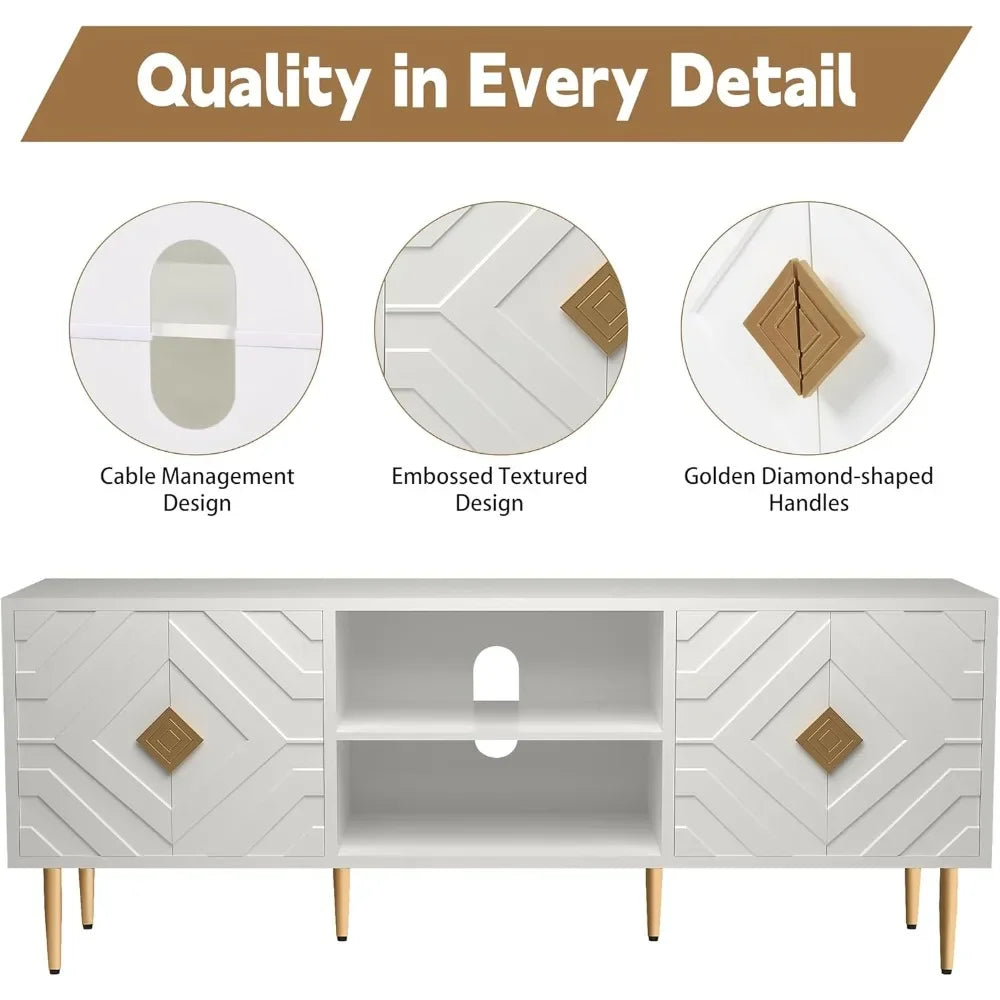 63'' White TV Stand for 65/70/75 inch TV, Entertainment Center with Storage Cabinets and Embossed Pattern Doors, Mid Century Mod