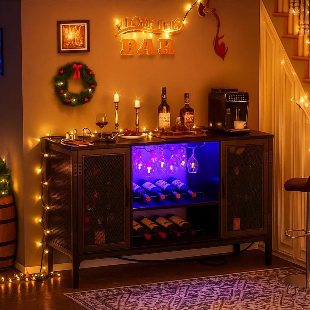 Industrial Wine Bar Cabinet with Power Outlets & LED Lights – Adjustable Wine Rack Coffee Station