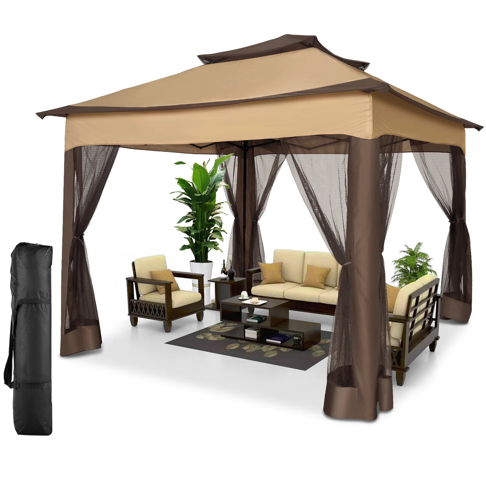 11x11 Pop Up Gazebo One-Push Canopy Tent with Mosquito Nettings, 10x10 Outdoor Canopy Shelter with Double Roof Ventiation