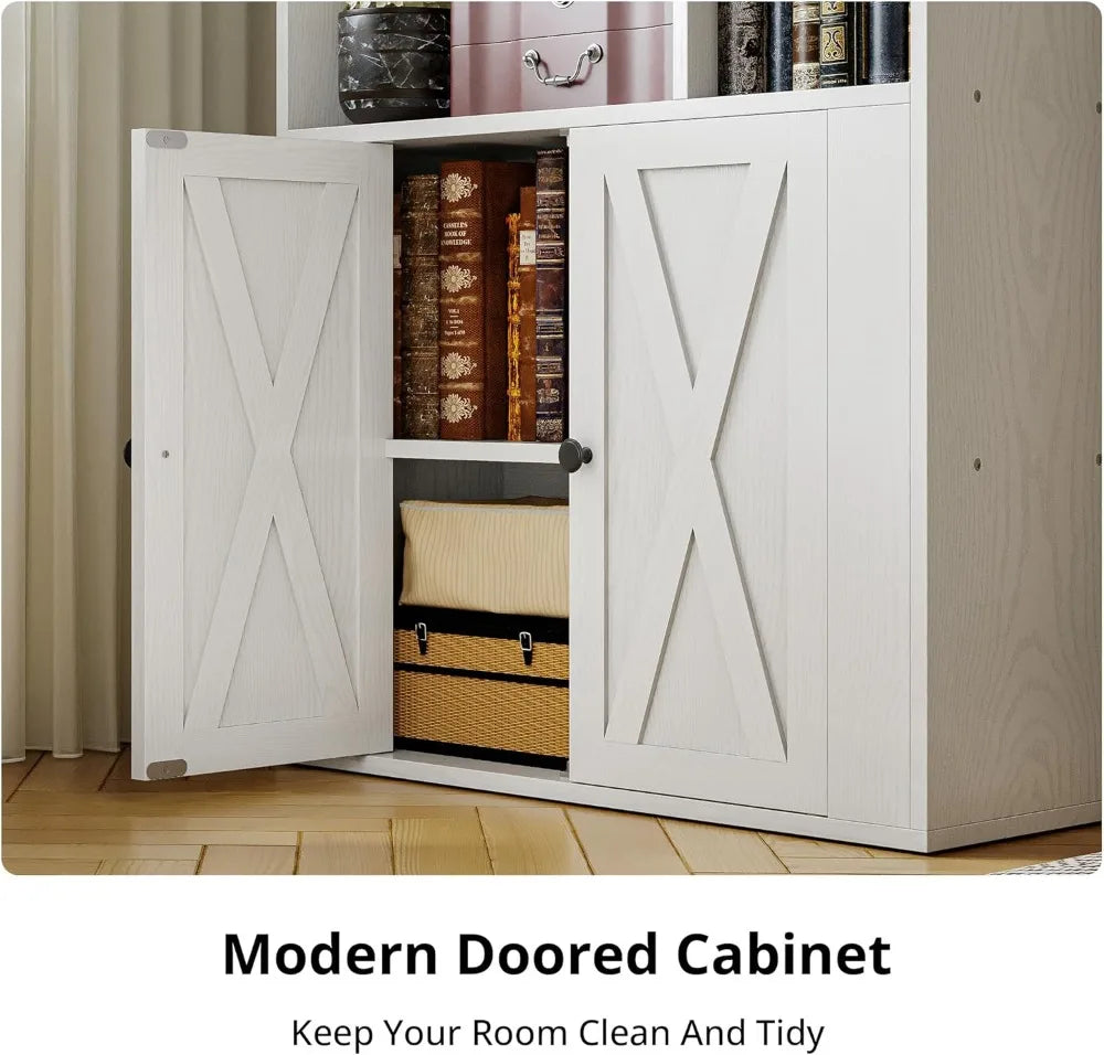 Tall Bookcase with Doors & 8 Open Cubes – Storage Bookshelf for Living Room, Bedroom & Office