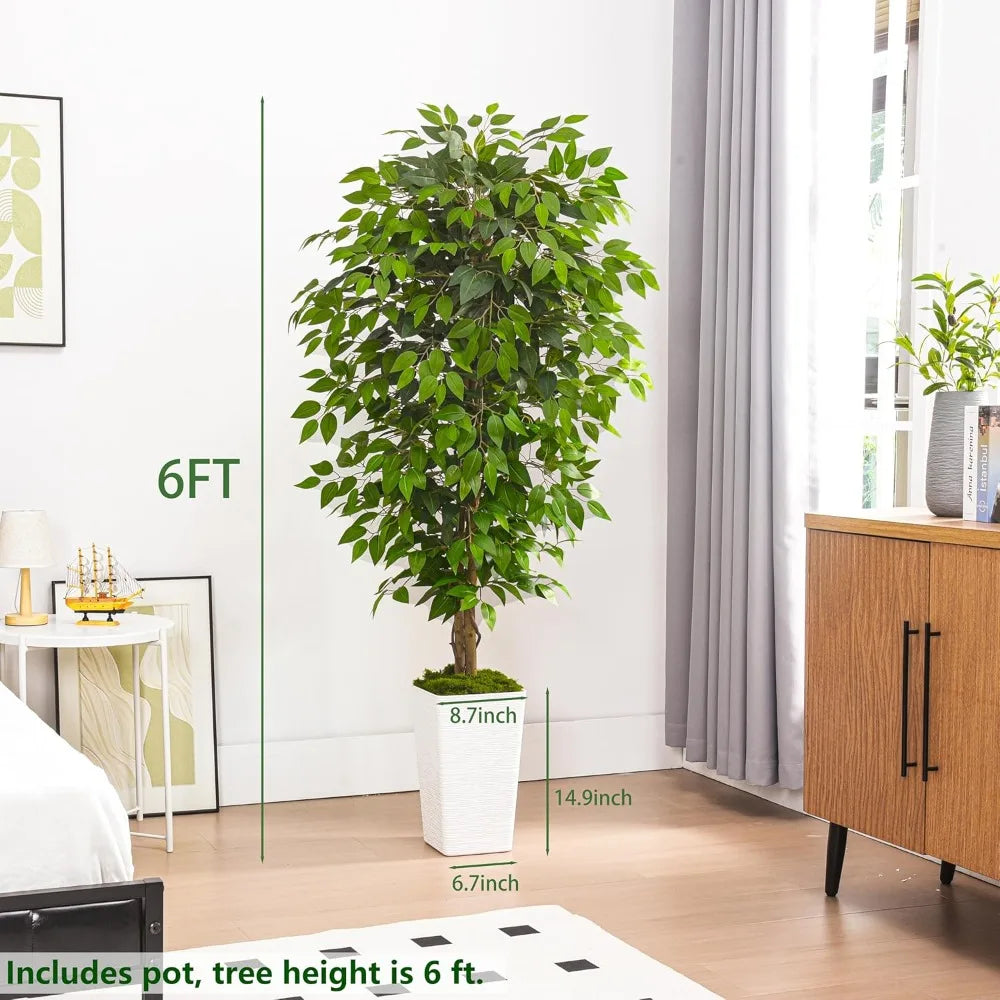 6-Foot Artificial Ficus Tree with UV-Resistant Silk Leaves, Real Wood Trunk, Suitable for Indoor and Outdoor Use