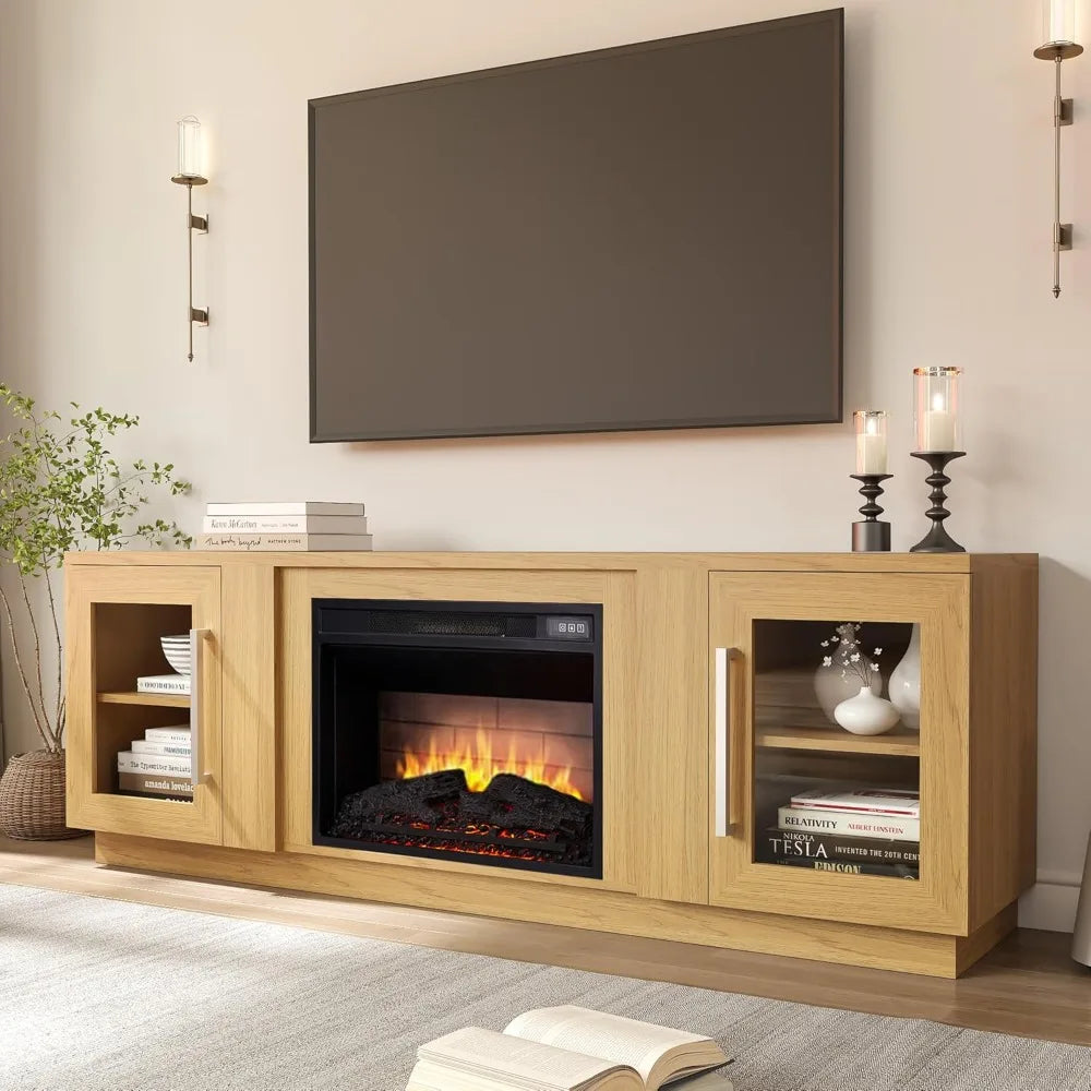 3D Fireplace TV Stand for TVs up to 80’’, Wooden Media Entertainment Center Table & TV Cabinets w/Storage Shelves & Barn Door