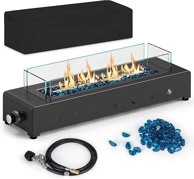 30 Inch Tabletop Propane Fire Pit, 40,000 BTU Table Top Firepit Fire Bowl with Wind Guard, Glass Rocks, Stainless Steel