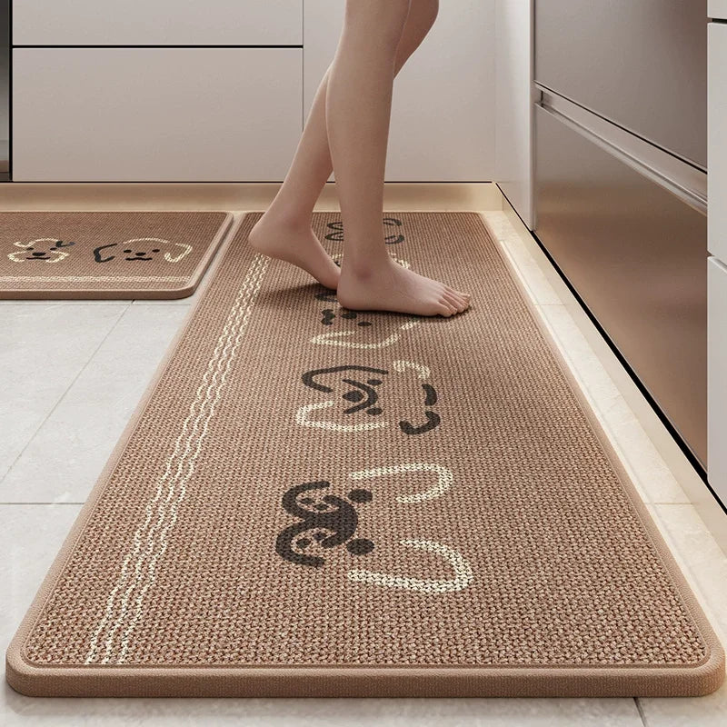 Cartoon Printed Linen Kitchen Floor Mat, Water and Oil-absorbing Kitchen Rug, Non-Slip Rubber Backing, Doormat Bath Mats