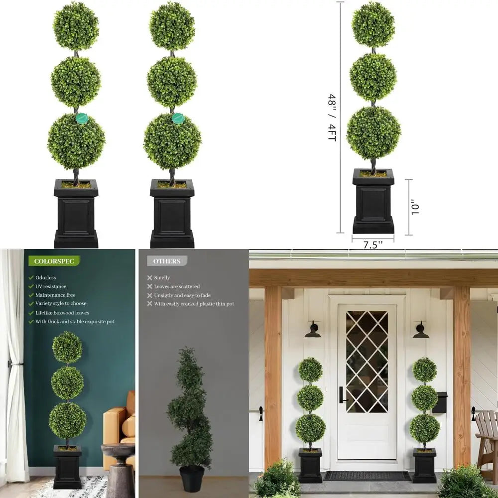 Artificial Outdoor Boxwood Topiary Trees Set of 2, Green All-Year Porch Trees, Durable Boxwood Plants for Year-Round Outdoor Use