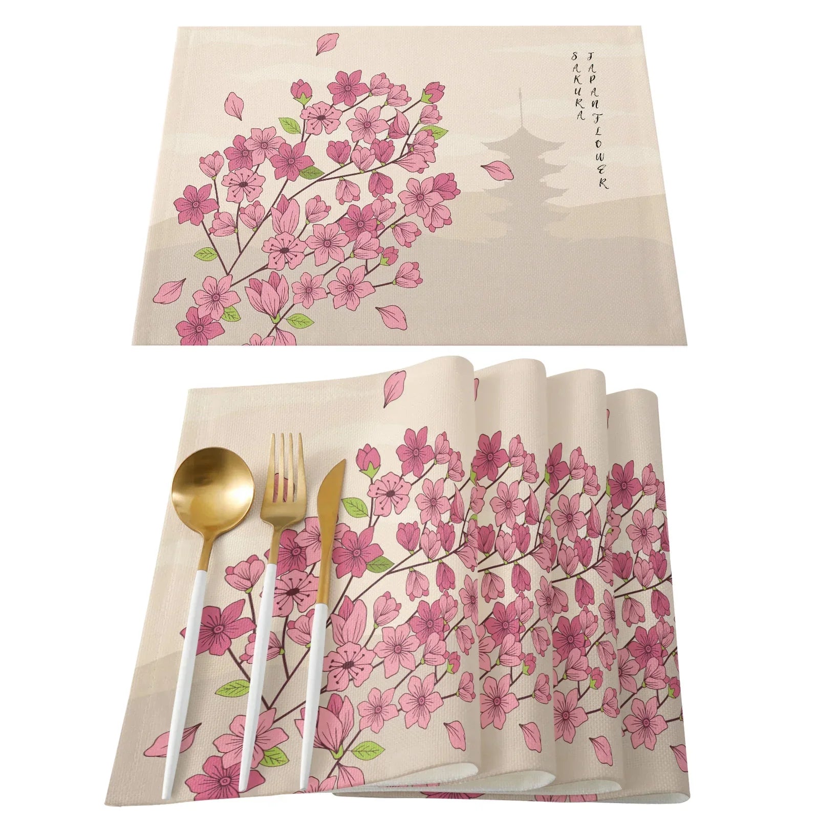 Japanese Cherry Blossom Pattern Table Mat Kitchen Decoration Placemat Table Napkin For Wedding Dining Accessories Table Mat 4PCS