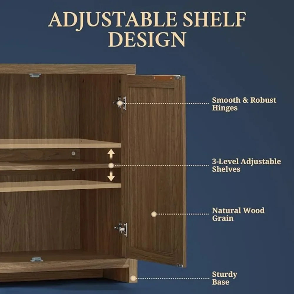 Rattan 4-Door Storage Sideboard Cabinet with Adjustable Shelves, Boho Accent Buffet Cupboard Console for Kitchen