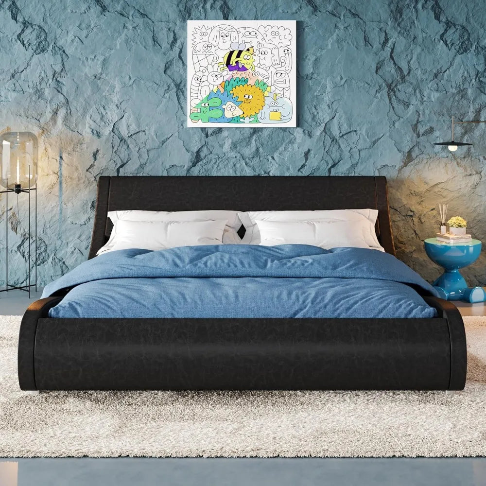 Upholstered Queen Size Platform Bed Frame – Modern Low Profile Sleigh Bed with Adjustable Faux Leather Headboard