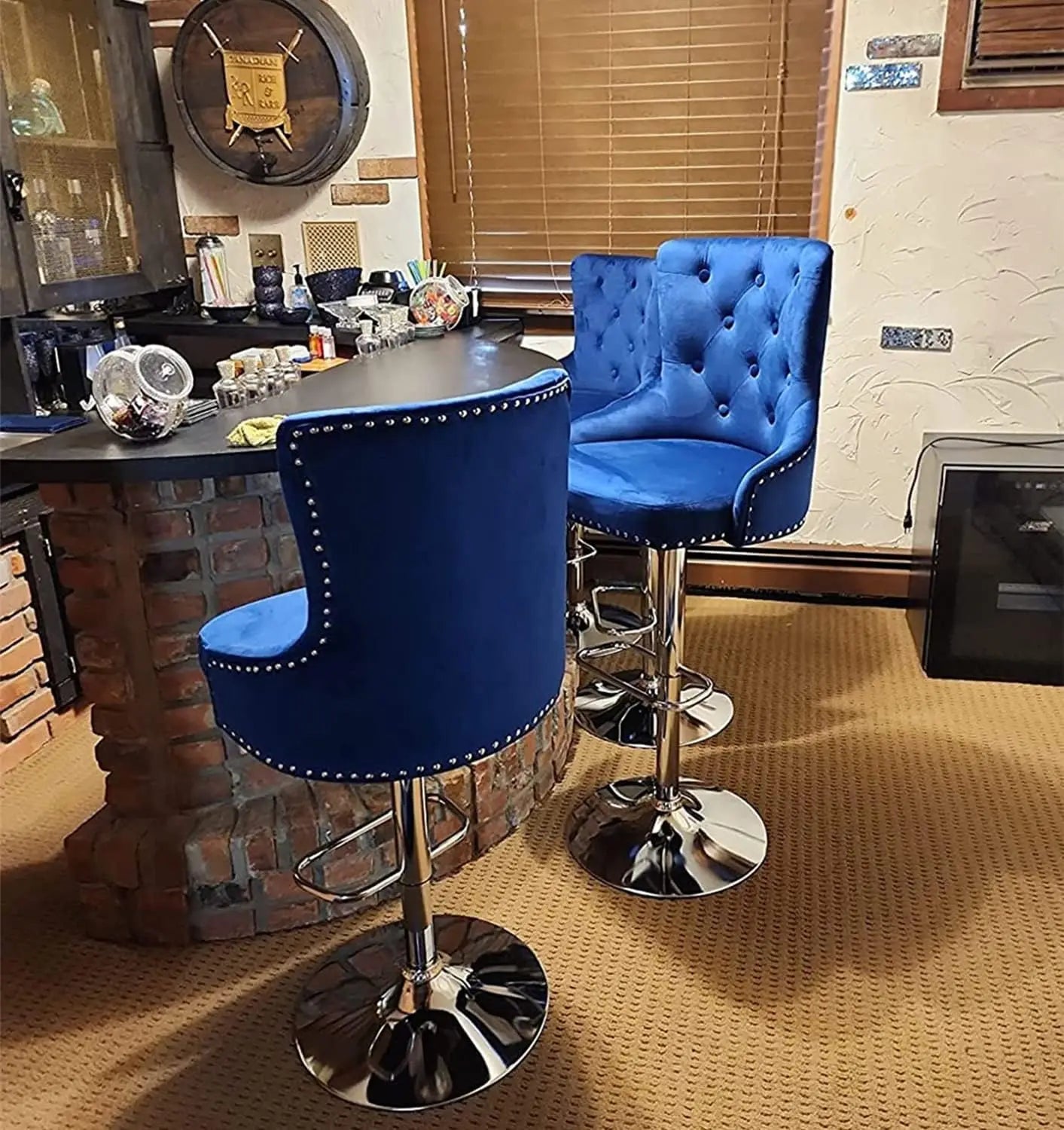 Modern Velvet Bar Stools with Back – Set of 2 Adjustable Swivel Counter Stools (Blue)