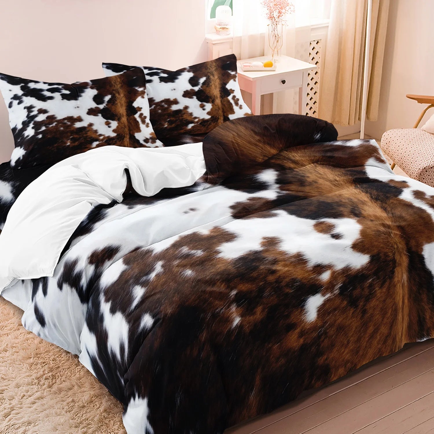 3Pcs Brown And Black Cow Pattern Yak Leather Printed Duvet Cover Included 1*Duvet Cover &2 Pillowcase( Comforter Not Included)