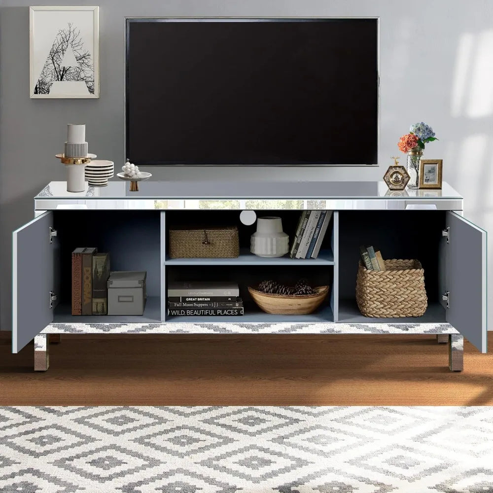 Mirrored TV Stand, Silver TV Cabinet with 2 Storage Cabinets and Open Shelves, 60" TV Cabinet for Living Room, Entertainment Cen