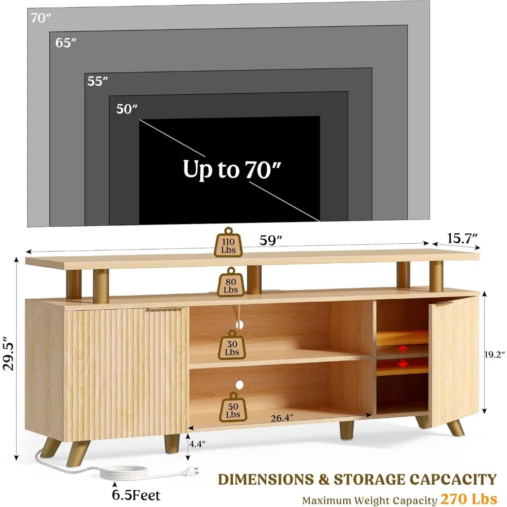 Modern TV Stand for 55-70 Inch TV Entertainment Center with Wooden Storage Cabinets And Power Outlet for Living Room