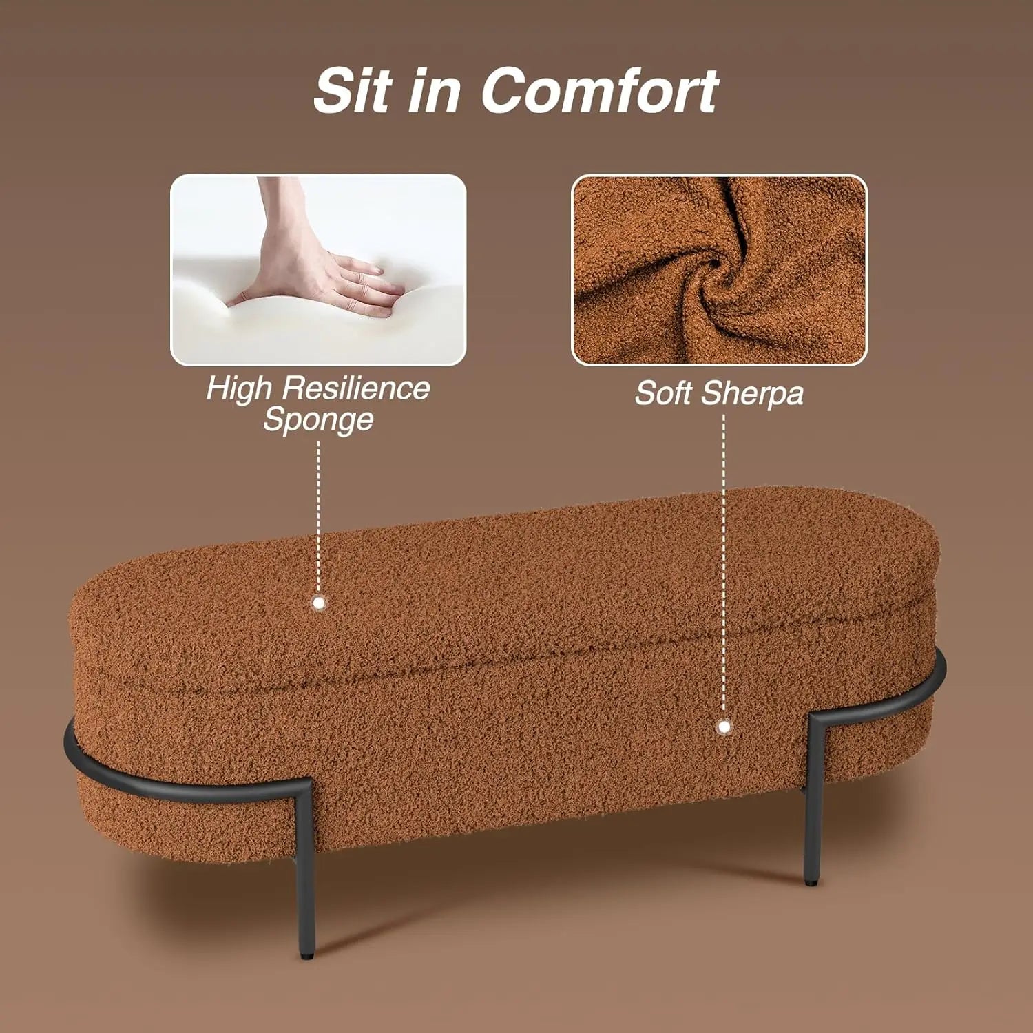 Sherpa Upholstered Storage Ottoman Bench – Metal Stand Living Room Bench