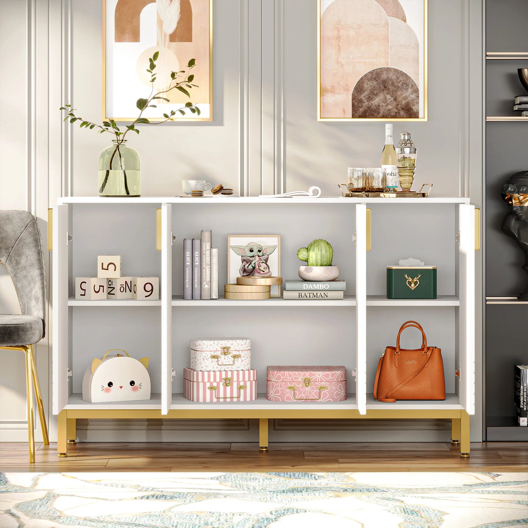 Tribesigns Modern Storage Cabinet, 59 Inch Console Cabinet Sideboard Buffet Cabinet with 4 Doors & Gold Metal Base