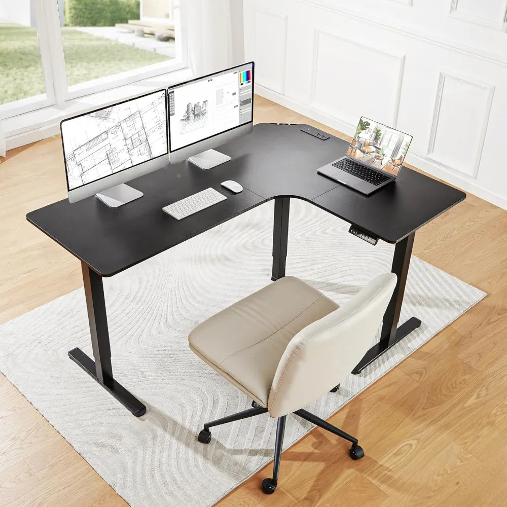 63″ Dual Motor L-Shaped Standing Desk, Built-in Power Outlets, Electric Height Adjustable Corner Computer Desk, Large Pow